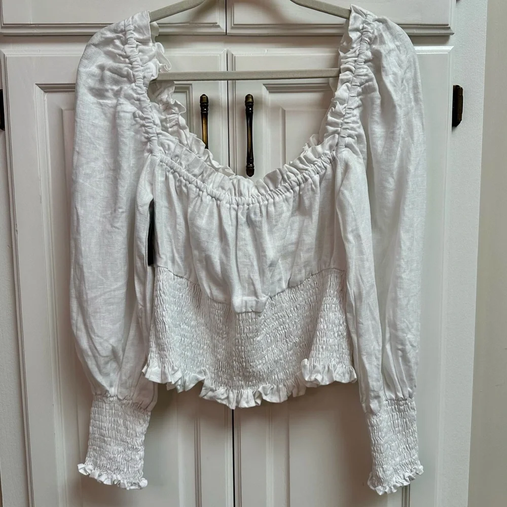 NWT Faithfull the Brand Bel Rose Puff Sleeve Linen Top White Size 10